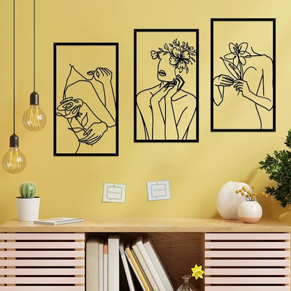 ESTART 3 Pieces Metal Minimalist Abstract Woman Wall Art Line Drawing Women Body Shape Wall Sculptures Single Line Female Flower Home Wall Art Decor for Bedroom Bathroom Living Room Kitchen