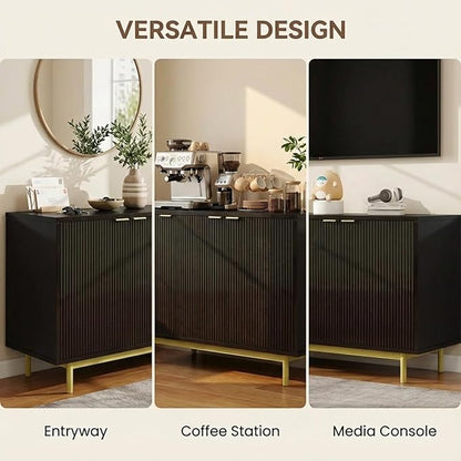 Vipbear 58 Inch Black TV Stand for 65 Inch TV, Modern Fluted Media Console Table with 4 Doors, Large Entertainment Center with Storage, Black Sideboard Buffet Cabinet for Dining Room and Living Room