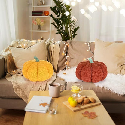 Kajaia 2 Pcs Simulated Pumpkin Plush Pillow 11 x 9.5 Inch 3D Cushion Fall Decorations Stuffed Throw Pillows Toy for Fall Halloween Thanksgiving Bedroom Sofa Couch Supplies (Yellow,Brown)