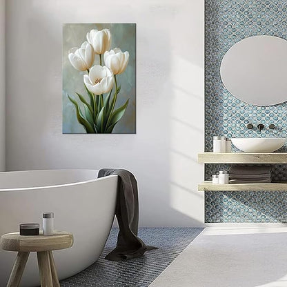 Bathroom Wall Decor White Tulips Wall Art Flowers Pictures Modern Floral Paintings Botanical Canvas Poster Print Artwork for Living Room Bedroom Home Decoration Framed