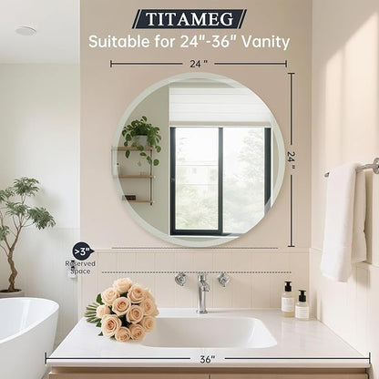Frameless Round Mirror 24 Inch, Round Mirror with 1 inch Beveled Edge, Beveled Bathroom Mirrors for Vanity, Living Room, Entryways