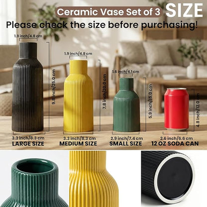 Colorful Ceramic Vases Set of 3,Smooth Vertical Ribbed, Minimalist for Pampas Dried & Fresh Flowers, Centerpiece for Living Room, Shelf, Entryway, Wedding (Black, Deep Green,Yellow)