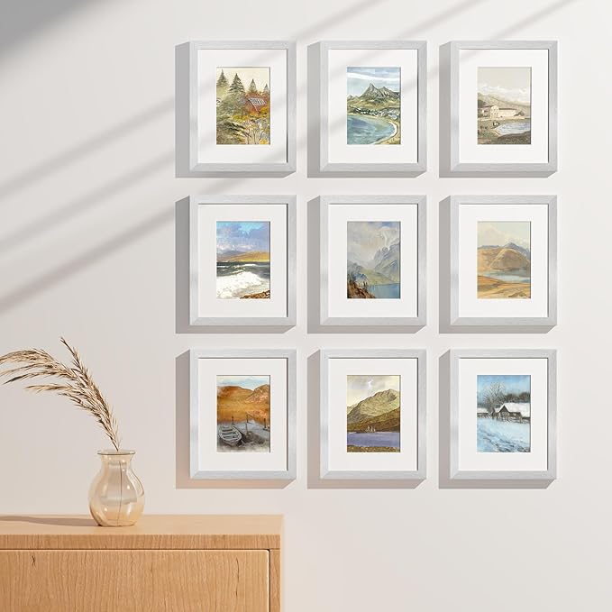 Vittanly 8x10 Picture Frames Set of 9, Shatter Resistant Plexiglass, Display 5x7 Pictures with Mat or 8x10 without Mat, Photo Frames for Wall or Tabletop, Engineered Wood, Silver