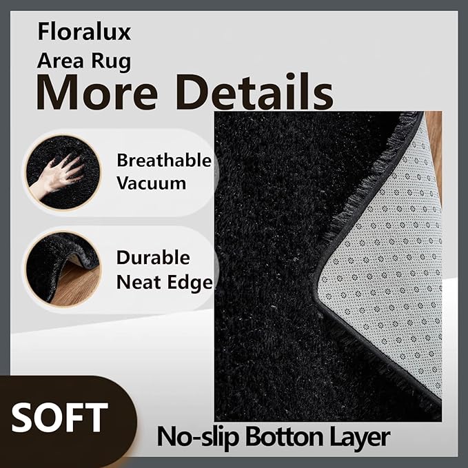 Floralux 5x7 Rug for Bedroom in Black, Ultra-Soft Fluffy Shag Area Rugs for Living Room, Modern Non-Slip Shaggy Floor Carpet for Teens Dorm, Bedside, Playroom, Nursery, Home Decor Aesthetic