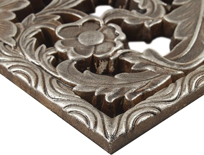 Madison Park Wall Art Living Room Décor - Floral Antiqued Wooden Carving Wall Decor Panel, Silver Embellished, Ready to Hang Wall Decor for Bedroom, 15.75"W x 31.5"L x 0.59"D, Bronze, 2 Piece