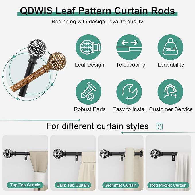 QDWIS Black Curtain Rods for Windows 66 to 120 Inch,1'' Diameter Drapery Rods with Leaf Pattern Finials,Decorative Adjustable Heavy Duty Curtain Rods Set,36-120''