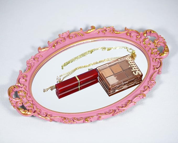 Tstarer Vintage Decorative Pink Framed Mirror, Wall Hanging Mirrors & Tabletop Tray for Bedroom Living Room Dresser Decor, Oval- 9.6" W x 14.3" L (Pink)