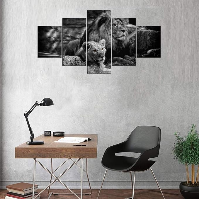 Framed Lion Pictures Wall Decor Modern 5 Panels White Black Lions Canvas Wall Art Easy to Hang Animal Posters for Living Room Bedroom Decor - 60''W x 32''H