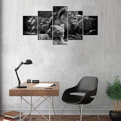 Framed Lion Pictures Wall Decor Modern 5 Panels White Black Lions Canvas Wall Art Easy to Hang Animal Posters for Living Room Bedroom Decor - 60''W x 32''H
