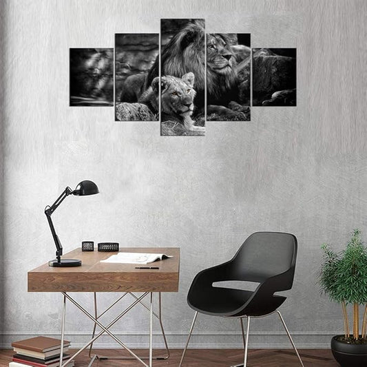 Framed Lion Pictures Wall Decor Modern 5 Panels White Black Lions Canvas Wall Art Easy to Hang Animal Posters for Living Room Bedroom Decor - 60''W x 32''H