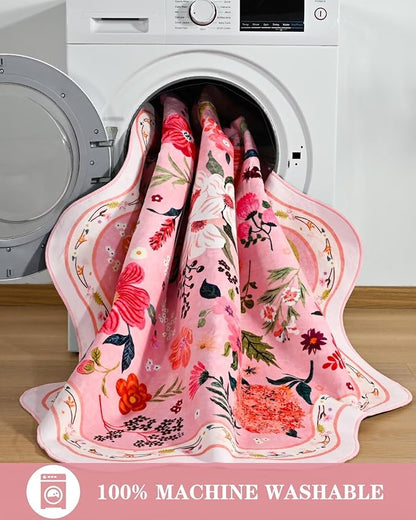 Macgace Pink Round Rug for Girls Bedroom, 5ft Machine Washable Floral Area Rugs with Non Slip Backing, Cute Flower Carpet Kitchen Living Room Kids Playroom Decor