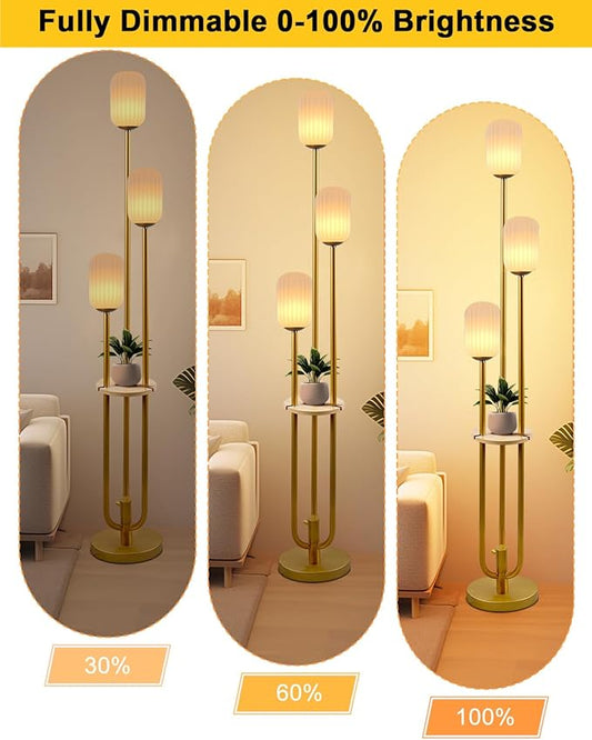 Floor Lamp for Living Room, Dimmable Vintage Floor Lamp with Shelf & LED Bulbs, 3 Light 3000K Soft Warmwhite Mid Century Standing Lamp, Tall Lamps with 5Lbs Heavy Base for Bedroom Office