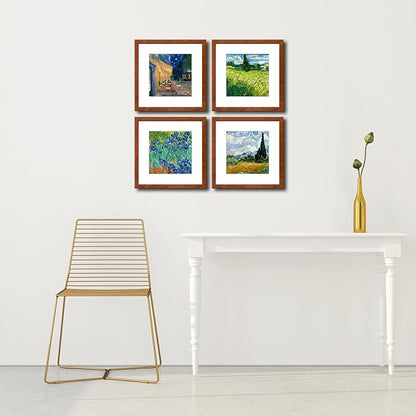 12x12 Picture Frame Set of 4 Made of Solid Wood Photo Frame with Real Glass for Pictures 8x8 with Mat or 12x12 without Mat, Wall Gallery or Tabletop display Frames, Brown