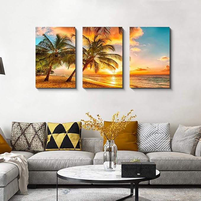 Golden Seascape Ocean Beach Wall Art Cozy Sea Artwork Modern Ocean Sunset Sea Beach Canvas Prints Pictures Paintings on Canvas Wall Art for Home Decor 5 Panels Gallery Wrapped Tropical Scenery