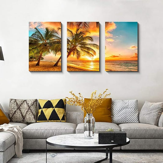 Golden Seascape Ocean Beach Wall Art Cozy Sea Artwork Modern Ocean Sunset Sea Beach Canvas Prints Pictures Paintings on Canvas Wall Art for Home Decor 5 Panels Gallery Wrapped Tropical Scenery