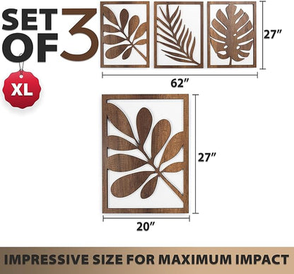 qmmp Modern Wooden Wall Sculptures - Set of 3 - Home Decor Accent - Large Wall Art for Living Room, Bedroom, Office - Easy Installation (Walnut, XLarge - Tree Leaves)