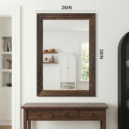 Wood Framed Mirrors for Wall, Brown Bathroom Vanity Mirror for Over Sink 26 x 38, Rustic Wall Mirror for Bathroom Sink Hallway Entryway Bedroom Living Room Farmhouse Boho Style