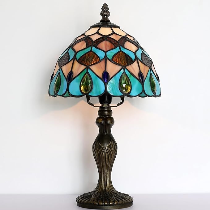 Tiffany Style Lamp Stained Glass Table Lamp 8" x 14.5" Mini Accent Light Blue Phoenix Tail Design Small Decorative Bedside Memory Lamp