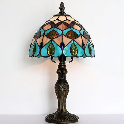 Tiffany Style Lamp Stained Glass Table Lamp 8" x 14.5" Mini Accent Light Blue Phoenix Tail Design Small Decorative Bedside Memory Lamp