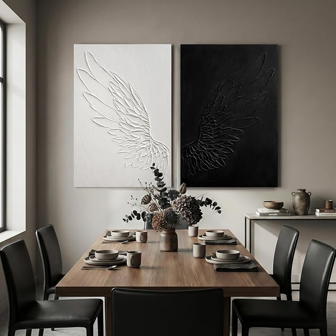 JUHOME Large Black and White Abstract Wall Art - 2-Piece 24x36 in Original Hand-Painted Wing Canvas Wall Art Set, Textured Dual Panel Oil Painting for Modern Living Room Bedroom Office Wall Decor