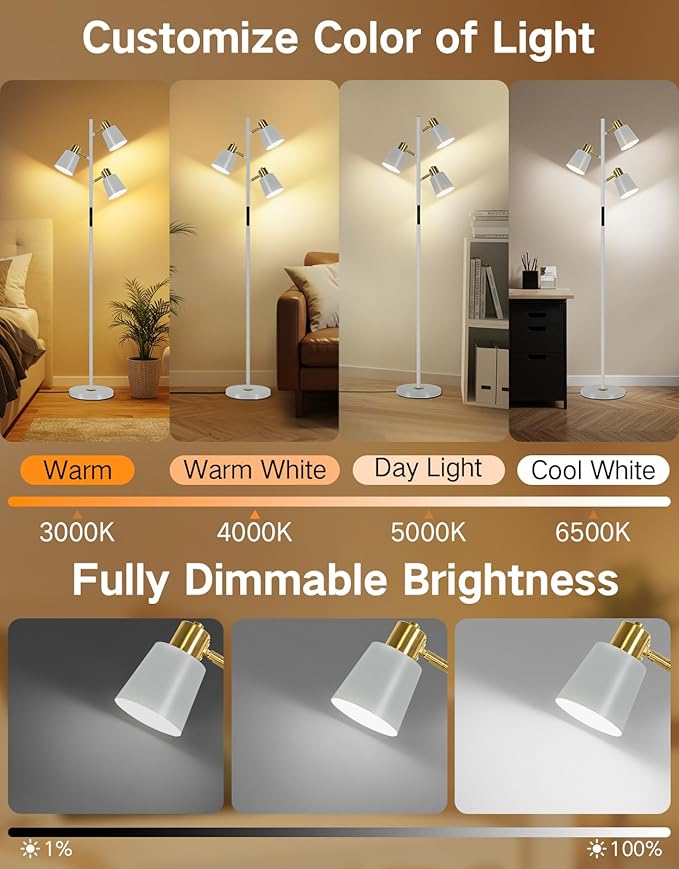 OUTON Tree Floor Lamp, LED Dimmable Floor Lamp with Remote and Touch Slide Control, 4 Color Temperatures, 3 Rotatable Lights, Modern Standing Lamp for Living Room Bedroom Office, Bulbs Included, Grey