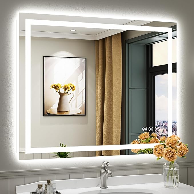 Briivue 44x36 Inch LED Bathroom Mirror with Lights, Backlit & Front Lit, Anti-Fog Lighted Bathroom Vanity Mirror for Wall, Memory Function, Dimmable, HD Tempered Glass, Shatter-Proof