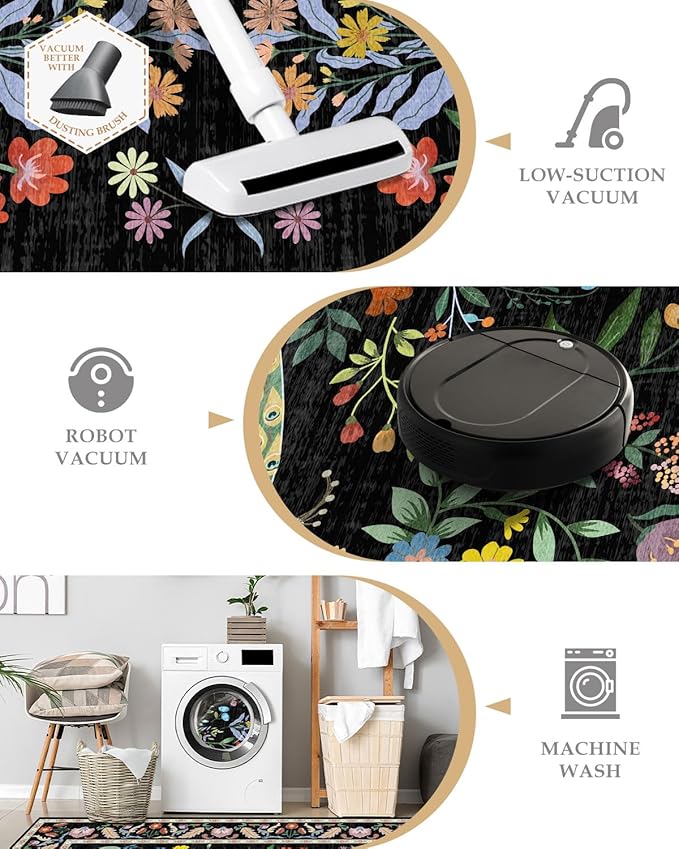 Black Floral 2'6"x8' Washable Non Slip Runner Rugs for Hallways, Non Skid Stain Resistant Rug Runners for Kitchen, Entryway, Mudroom - Dark Floral Cottagecore Home Decor