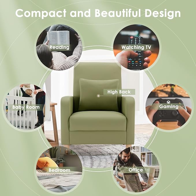 COLAMY Accent Living Room Chairs Set of 2, Upholstered Faux Leather Arm Chair Reading Side Chair with Back Pillow and Wood Legs, L-Green