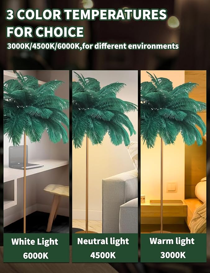 Feather Floor Lamp,Fluffy Ostrich Feather Floor Lamp for Bedroom,3 Color Temperatures Led Corner Modern Floor Lamps for Living Room Christmas Home Decor House Warming Gifts,63″ Height (Dark Green)