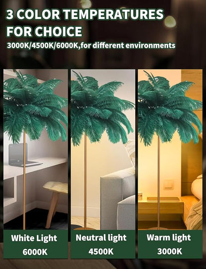 Feather Floor Lamp,Fluffy Ostrich Feather Floor Lamp for Bedroom,3 Color Temperatures Led Corner Modern Floor Lamps for Living Room Christmas Home Decor House Warming Gifts,63″ Height (Dark Green)