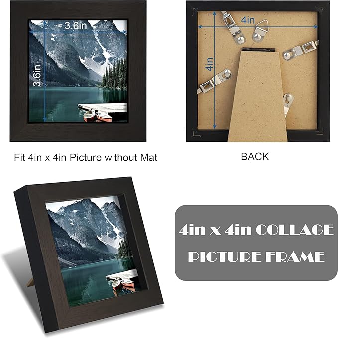 Hongkee 4x4 Black Picture Frames set of 3, Made of Wooden and Real Glass Small Square frame - Display on Table Desk Top or Wall Hanging