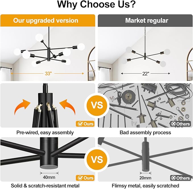 10.9"-52.3" Height Adjustable Sputnik Chandeliers Dining Room Light Fixture (8-Light, 30-Inch), Modern Black Chandelier, Mid Century Modern Chandeliers for Dining Room Kitchen (Bulbs Not Included)