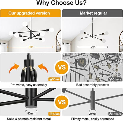 10.9"-52.3" Height Adjustable Sputnik Chandeliers Dining Room Light Fixture (8-Light, 30-Inch), Modern Black Chandelier, Mid Century Modern Chandeliers for Dining Room Kitchen (Bulbs Not Included)