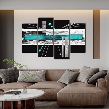 YPY Large Black Teal Canvas Wall Art - 4 Pieces Modern Abstract Picture Set for Home Decoration - Contemporary Painting Artwork for Living Room Bedroom 64x42