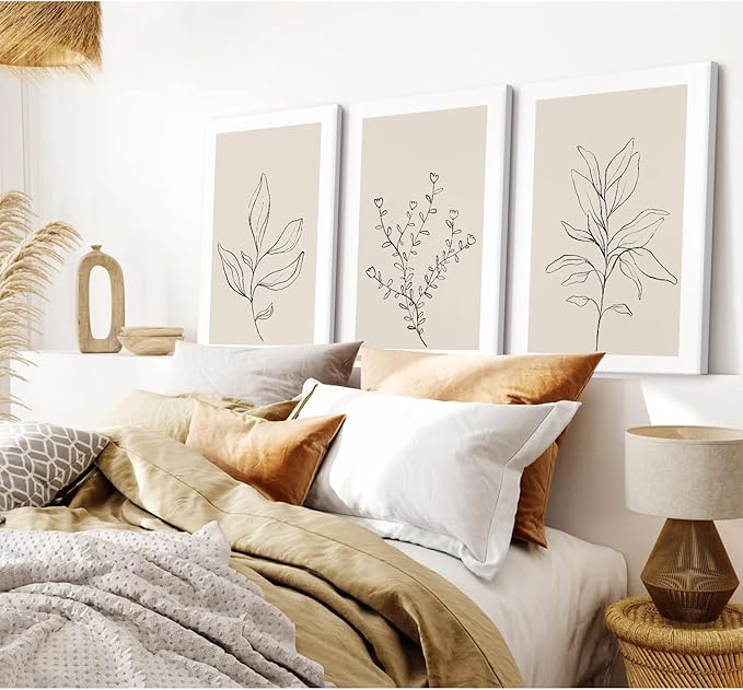 Botanical Wall Art Decor Neutral Wall Decor Boho Beige Canvas Wall Art Botanical Minimalist Pictures Neutral Prints Beige Posters Boho Artwork for Room Bedroom 16x24x3 Inch Framed