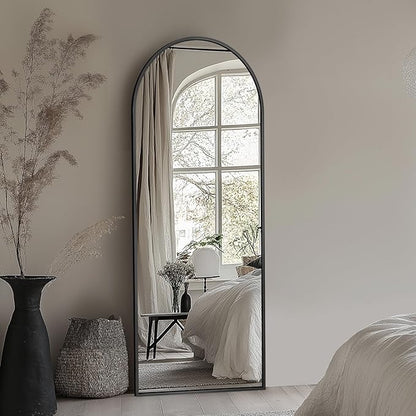 Full Length Mirror with Stand, 56"x15" Arched Full Body Mirror, Large Stand Up Aluminum Frame Floor Freestanding Hanging Leaning Mounted for Bedroom Living Room Entryway Black