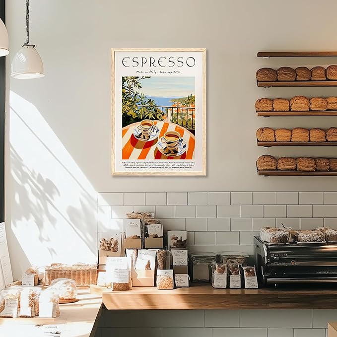 GELDSTEI Coffee Wall Art, Vintage Espresso Wrapped Canvas Print, Italian Coffee Poster Print, Cafe Bar Decoration, Retro Italian Cafe Wall Decor for Kitchen Dining Room Wood Framed 16x24 Inch