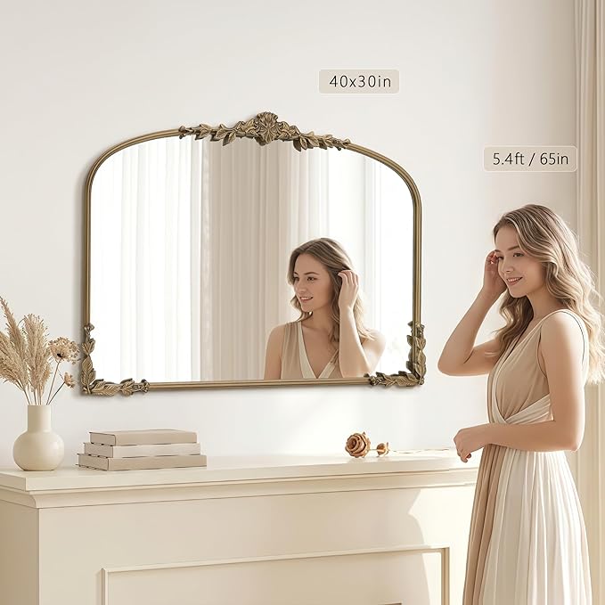Besdomus Large Gold Arched Mirror: 40"x30" Matt Gold Baroque Vintage Wall Mirror - Traditional Ornate Antique for Bedroom/Fireplace/Entryway/Bathroom/Living Room - Ideal for Fashion-Conscious