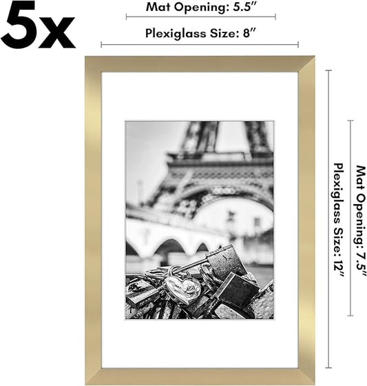 Americanflat 8x12 Picture Frame with Polished Plexiglass - Set of 5 - Use as 6x8 Frame with Mat or Display 8x12 Photo Without Mat - Galleria Collection - Picture Frames for Wall Display - Gold
