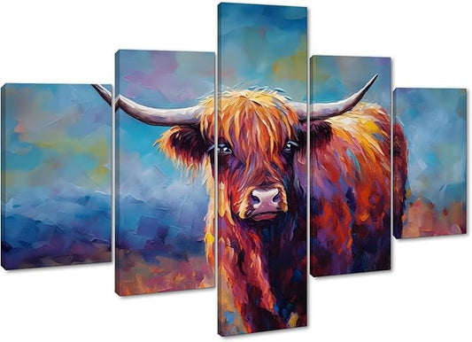 Yatsen Bridge Large Highland Cow Wall Art 5 Panels Graffiti Pictures Canvas Prints Modern Colorful Animal Posters Decor Artwork Living Room Home Office Decoration Framed Ready to Hang - 70''Wx40''H
