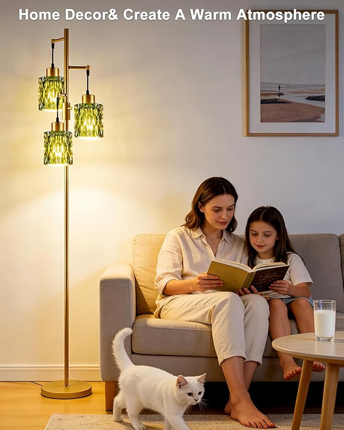 3-Light Modern Glass Floor Lamp, Gold Standing Tall Lamp with Green Cylinder Glass Shade for Reading, Dimmable LED Floor Lamp with 5Lbs Heavy Base for Living Room Bedroom Home Decor, Bulb Included