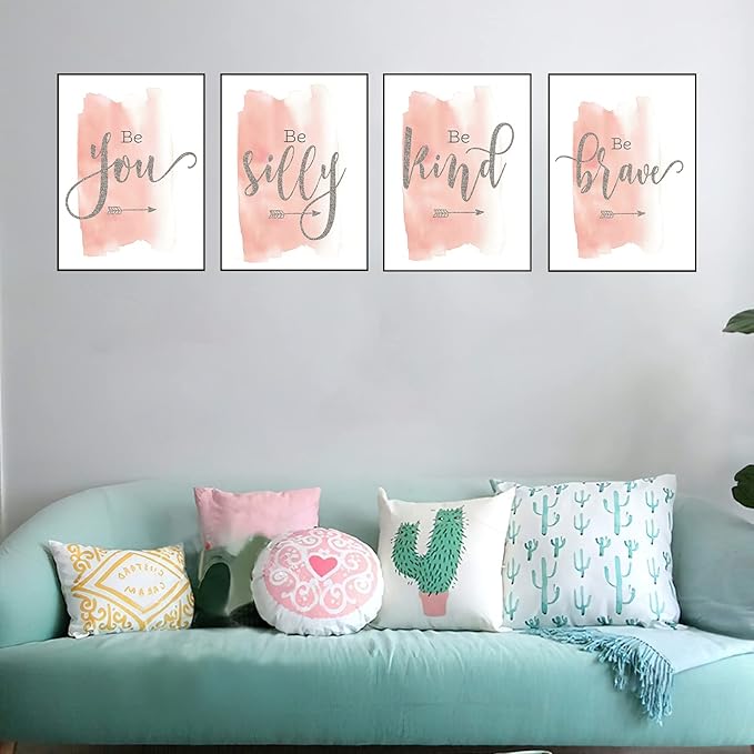 Set of 4 Teen Girl Framed Wall Art Canvas Painting Be Brave Inspirational Quotes Print Blush Grey Poster Picture Nordic Girls Bedroom Decor