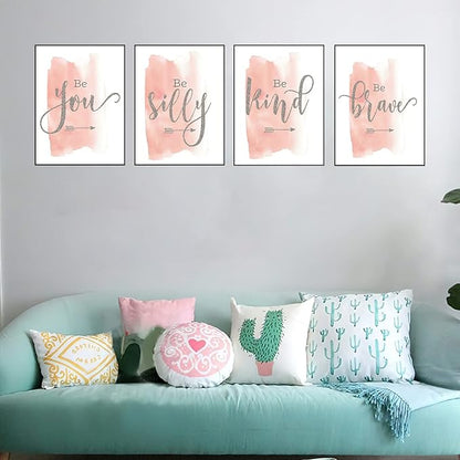 Set of 4 Teen Girl Framed Wall Art Canvas Painting Be Brave Inspirational Quotes Print Blush Grey Poster Picture Nordic Girls Bedroom Decor