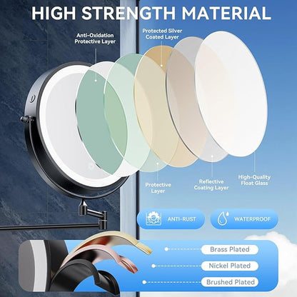 10'' 30X/1X Wall Mounted Lighted Makeup Mirror, 5000mAh Rechargeable Double-Sided Magnifying Mirror with Light, LED Vanity Mirror Touch Dimmable 3 Colors 360° Rotation Extended Foldable Arm, Black