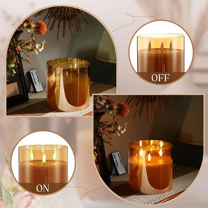 Retisee 6'' x 6'' Extra Large Flameless Candles, 3 Wick Glass Large Candles with Remote Control and Timer Function, Real Wax LED Pillar Flickering for St. Patrick's Spring Party Decor(Gold,1 Pcs)