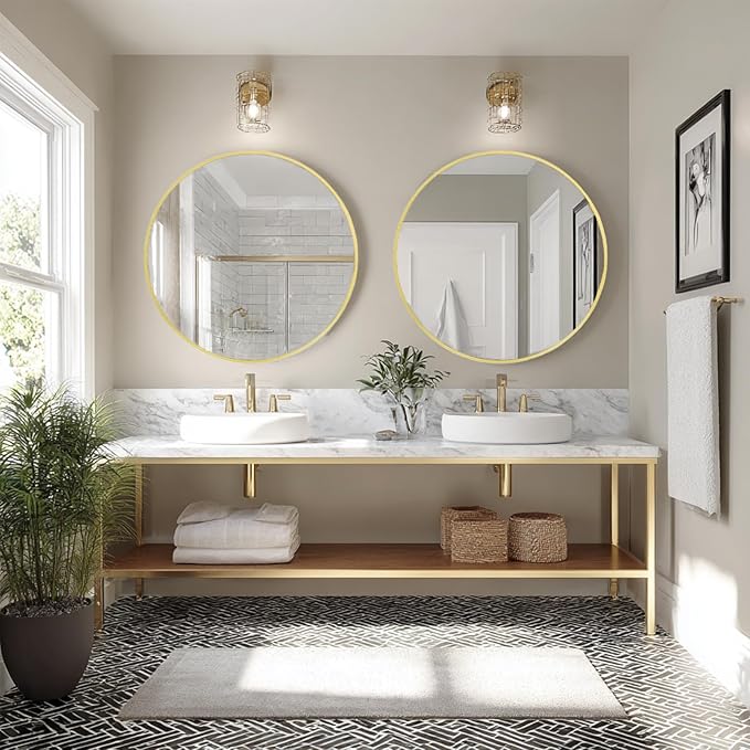 Sunniry Gold Round Mirror 24 inch, 2 Pack Gold Circle Mirror, Round Bathroom Mirrors Metal Frame for Bathroom, Bedroom, Living Room, Hallway.
