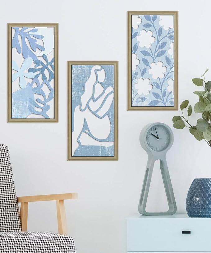 Putuo Decor Boho Floral Wall Art, Minimalist Blue Flower Botanical Wooden Wall Decor with Women Figure Patterns, Modern Aesthetic Print Art for Bedroom Bathroom Living Room Office Set of 3