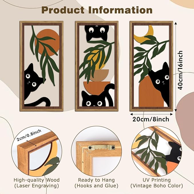 KAIRNE Boho Black Cat Wall Art,Green Leaves Wood Wall Decor Set of 3(16”X8”),Farmhouse Geometric Wooden Cat Wall Decor,Mid-Century Bohemian Moon Sun Design for Friends Family Bedroom Living Room Decor