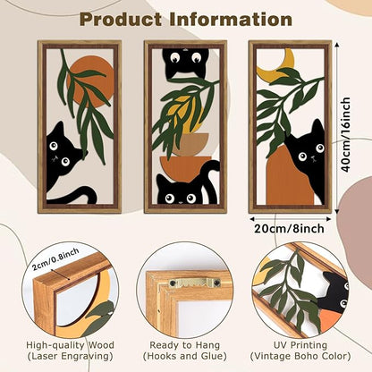 KAIRNE Boho Black Cat Wall Art,Green Leaves Wood Wall Decor Set of 3(16”X8”),Farmhouse Geometric Wooden Cat Wall Decor,Mid-Century Bohemian Moon Sun Design for Friends Family Bedroom Living Room Decor