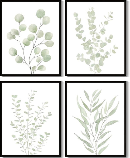 Drsoum Botanical Plant Framed Wall Art Boho Wall Decor for Bathroom Sage Green Eucalyptus Leaf Prints Minimalist Aesthetic Ready to Hang Set of 4, 8x10 in (Black Framed)